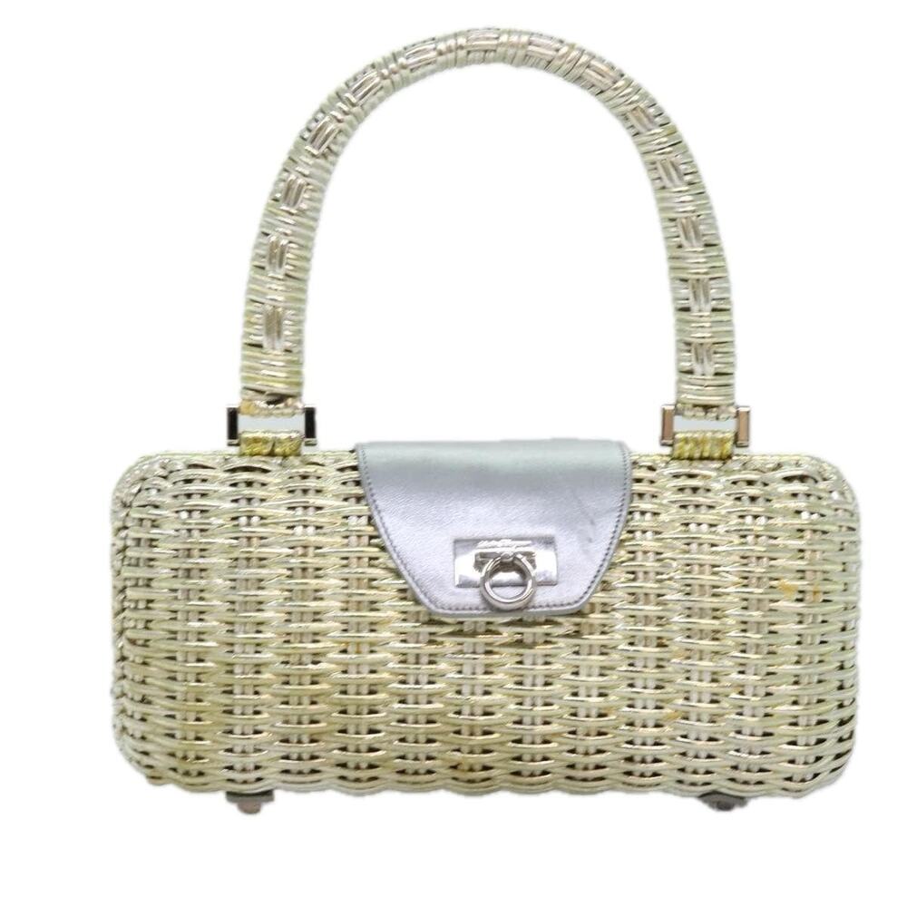 Salvatore Ferragamo Wicker Gancini Handbag Silver